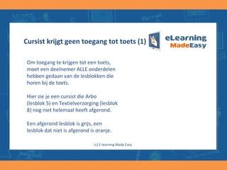 Cursist krijgt geen toegang tot toets (1)
Om toegang te krijgen tot een toets,
moet een deelnemer ALLE onderdelen
hebben gedaan van de lesblokken die
horen bij de toets.
Hier zie je een cursist die Arbo
(lesblok 5) en Textielverzorging (lesblok
8) nog niet helemaal heeft afgerond.
Een afgerond lesblok is grijs, een
lesblok dat niet is afgerond is oranje.
(c) E-learning Made Easy
 