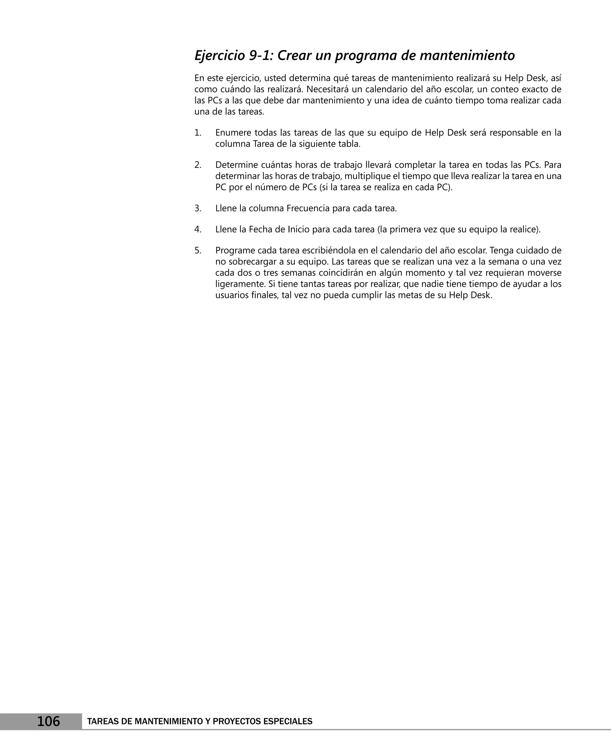 Ejercicio 9-1: Crear un programa de mantenimiento
                           En este ejercicio, usted determina qué tareas de mantenimiento realizará su Help Desk, así
                           como cuándo las realizará. Necesitará un calendario del año escolar, un conteo exacto de
                           las PCs a las que debe dar mantenimiento y una idea de cuánto tiempo toma realizar cada
                           una de las tareas.

                           1.   Enumere todas las tareas de las que su equipo de Help Desk será responsable en la
                                columna Tarea de la siguiente tabla.

                           2.   Determine cuántas horas de trabajo llevará completar la tarea en todas las PCs. Para
                                determinar las horas de trabajo, multiplique el tiempo que lleva realizar la tarea en una
                                PC por el número de PCs (si la tarea se realiza en cada PC).

                           3.   Llene la columna Frecuencia para cada tarea.

                           4.   Llene la Fecha de Inicio para cada tarea (la primera vez que su equipo la realice).

                           5.   Programe cada tarea escribiéndola en el calendario del año escolar. Tenga cuidado de
                                no sobrecargar a su equipo. Las tareas que se realizan una vez a la semana o una vez
                                cada dos o tres semanas coincidirán en algún momento y tal vez requieran moverse
                                ligeramente. Si tiene tantas tareas por realizar, que nadie tiene tiempo de ayudar a los
                                usuarios ﬁnales, tal vez no pueda cumplir las metas de su Help Desk.




106   TAREAS DE MANTENIMIENTO Y PROYECTOS ESPECIALES
 