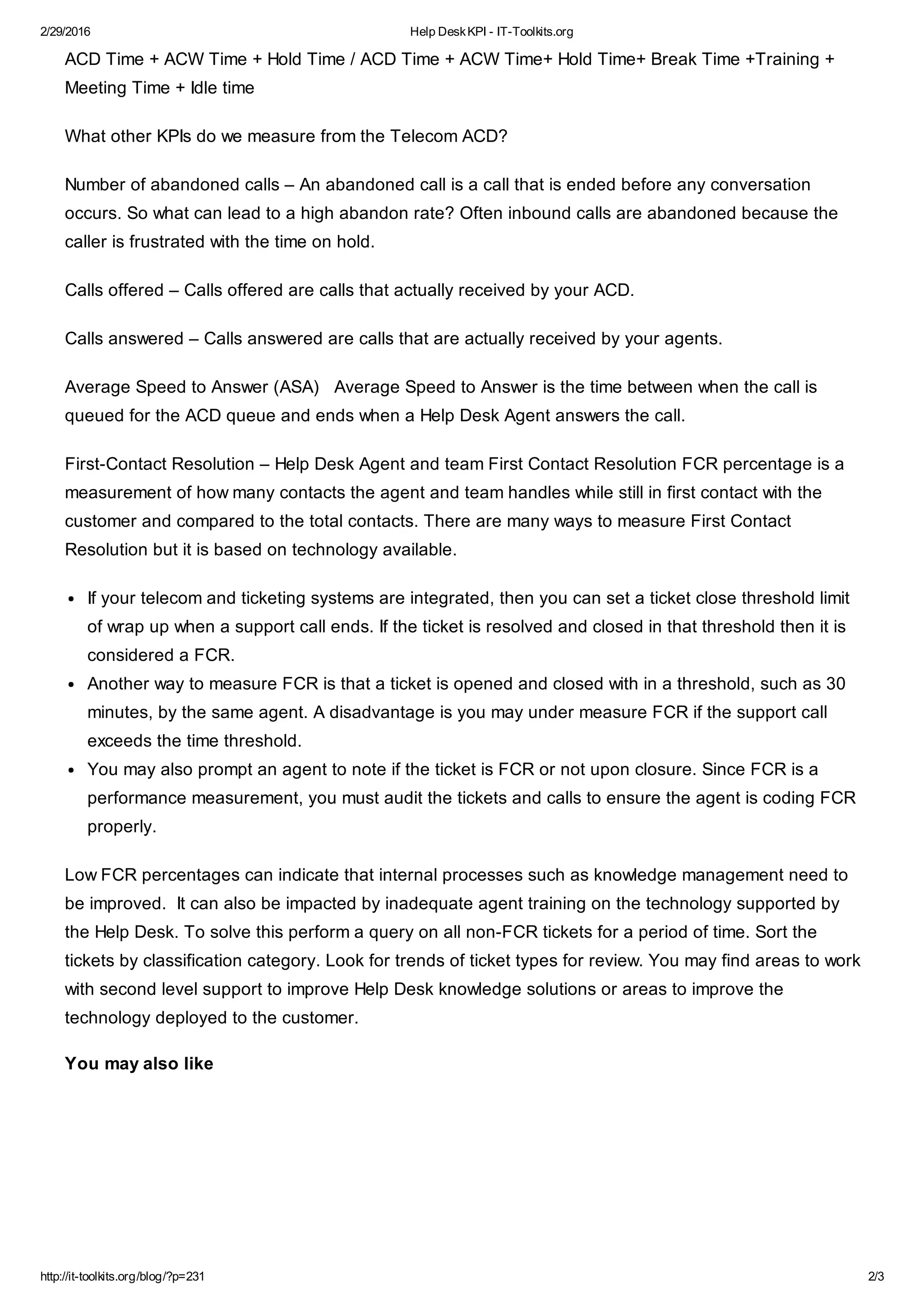 Help desk kpi it-toolkits | PDF