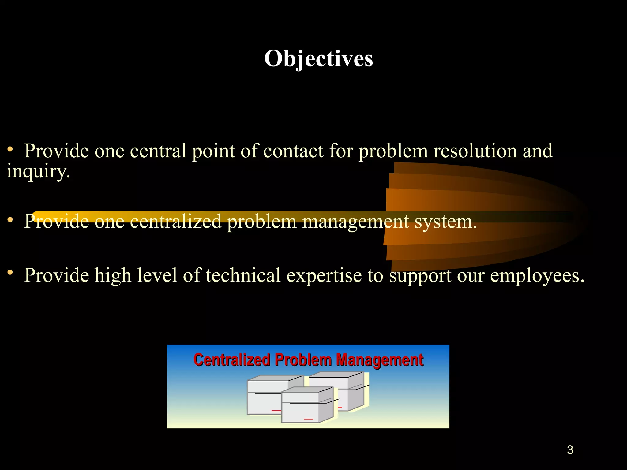 Objectives   Provide one central point of contact for problem resolution and inquiry. Provide one centralized problem management system. Provide high level of technical expertise to support our employees . Centralized Problem   Management 