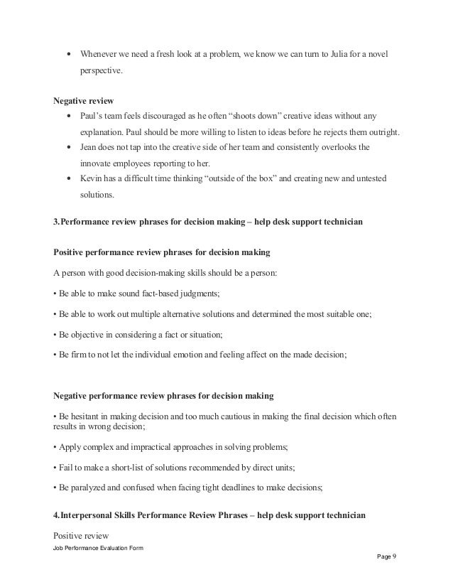 Help Desk Support Technician Performance Appraisal