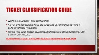 TICKET CLASSIFICATION GUIDE
• WHAT IS INCLUDED IN THE DOWNLOAD?
• A STEP BY STEP GUIDE BASED ON SUCCESSFUL FORTUNE 500 TICKET
CLASSIFICATION PROJECTS
• THREE PRE-BUILT TICKET CLASSIFICATION SCHEME STRUCTURES TO JUMP
START YOUR PROJECT
DOWNLOAD A TICKET CATEGORY GUIDE AT BUILDAHELPDESK.COM
 