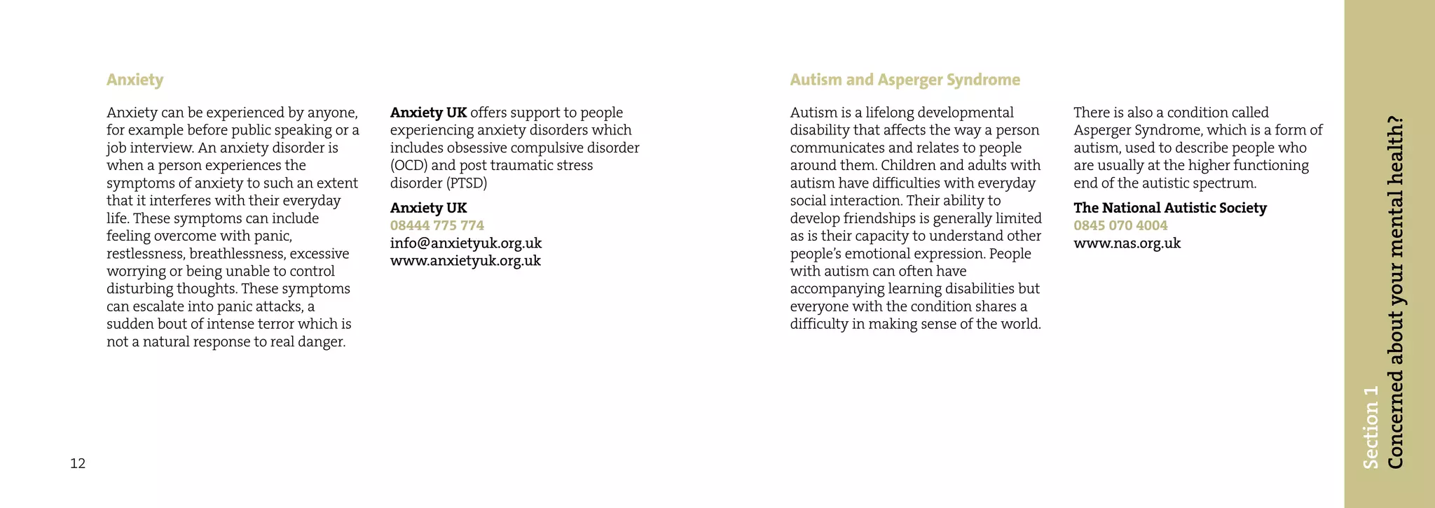Anxiety                                                                            Autism and Asperger Syndrome
     Anxiety can be experienced by anyone,     Anxiety UK offers support to people      Autism is a lifelong developmental         There is also a condition called




                                                                                                                                                                           Concerned about your mental health?
     for example before public speaking or a   experiencing anxiety disorders which     disability that affects the way a person   Asperger Syndrome, which is a form of
     job interview. An anxiety disorder is     includes obsessive compulsive disorder   communicates and relates to people         autism, used to describe people who
     when a person experiences the             (OCD) and post traumatic stress          around them. Children and adults with      are usually at the higher functioning
     symptoms of anxiety to such an extent     disorder (PTSD)                          autism have difficulties with everyday     end of the autistic spectrum.
     that it interferes with their everyday    Anxiety UK                               social interaction. Their ability to       The National Autistic Society
     life. These symptoms can include          08444 775 774                            develop friendships is generally limited   0845 070 4004
     feeling overcome with panic,              info@anxietyuk.org.uk                    as is their capacity to understand other   www.nas.org.uk
     restlessness, breathlessness, excessive   www.anxietyuk.org.uk                     people’s emotional expression. People
     worrying or being unable to control                                                with autism can often have
     disturbing thoughts. These symptoms                                                accompanying learning disabilities but
     can escalate into panic attacks, a                                                 everyone with the condition shares a
     sudden bout of intense terror which is                                             difficulty in making sense of the world.
     not a natural response to real danger.




                                                                                                                                                                           Section 1
12
 