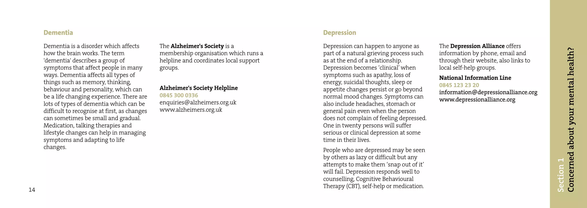 Dementia                                                                               Depression
     Dementia is a disorder which affects          The Alzheimer's Society is a             Depression can happen to anyone as        The Depression Alliance offers




                                                                                                                                                                             Concerned about your mental health?
     how the brain works. The term                 membership organisation which runs a     part of a natural grieving process such   information by phone, email and
     'dementia' describes a group of               helpline and coordinates local support   as at the end of a relationship.          through their website, also links to
     symptoms that affect people in many           groups.                                  Depression becomes ‘clinical’ when        local self-help groups.
     ways. Dementia affects all types of                                                    symptoms such as apathy, loss of          National Information Line
     things such as memory, thinking,                                                       energy, suicidal thoughts, sleep or       0845 123 23 20
     behaviour and personality, which can          Alzheimer's Society Helpline             appetite changes persist or go beyond
                                                   0845 300 0336                                                                      information@depressionalliance.org
     be a life changing experience. There are                                               normal mood changes. Symptoms can         www.depressionalliance.org
     lots of types of dementia which can be        enquiries@alzheimers.org.uk              also include headaches, stomach or
     difficult to recognise at first, as changes   www.alzheimers.org.uk                    general pain even when the person
     can sometimes be small and gradual.                                                    does not complain of feeling depressed.
     Medication, talking therapies and                                                      One in twenty persons will suffer
     lifestyle changes can help in managing                                                 serious or clinical depression at some
     symptoms and adapting to life                                                          time in their lives.
     changes.                                                                               People who are depressed may be seen
                                                                                            by others as lazy or difficult but any




                                                                                                                                                                             Section 1
                                                                                            attempts to make them ‘snap out of it’
                                                                                            will fail. Depression responds well to
                                                                                            counselling, Cognitive Behavioural
                                                                                            Therapy (CBT), self-help or medication.
14
 