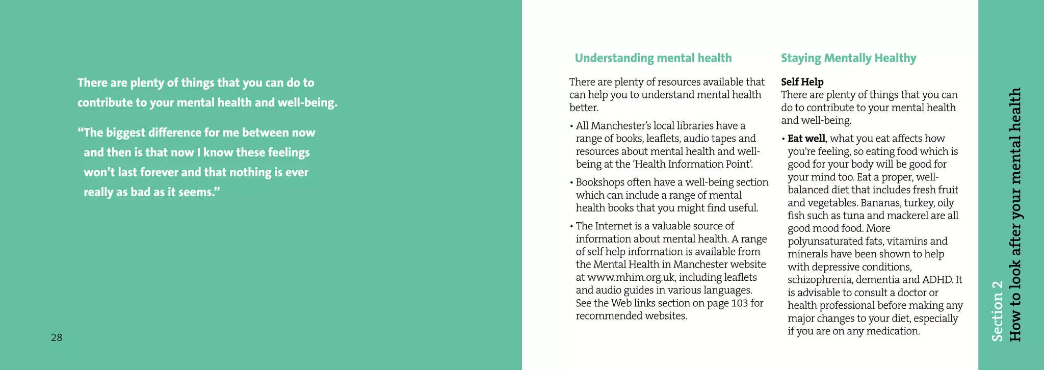 Understanding mental health                   Staying Mentally Healthy
     There are plenty of things that you can do to      There are plenty of resources available that   Self Help




                                                                                                                                                   How to look after your mental health
                                                        can help you to understand mental health       There are plenty of things that you can
     contribute to your mental health and well-being.   better.                                        do to contribute to your mental health
                                                        • All Manchester’s local libraries have a      and well-being.
     “The biggest difference for me between now           range of books, leaflets, audio tapes and    • Eat well, what you eat affects how
      and then is that now I know these feelings          resources about mental health and well-        you're feeling, so eating food which is
                                                          being at the ‘Health Information Point’.       good for your body will be good for
      won’t last forever and that nothing is ever                                                        your mind too. Eat a proper, well-
                                                        • Bookshops often have a well-being section
      really as bad as it seems.”                         which can include a range of mental            balanced diet that includes fresh fruit
                                                          health books that you might find useful.       and vegetables. Bananas, turkey, oily
                                                                                                         fish such as tuna and mackerel are all
                                                        • The Internet is a valuable source of           good mood food. More
                                                          information about mental health. A range       polyunsaturated fats, vitamins and
                                                          of self help information is available from     minerals have been shown to help
                                                          the Mental Health in Manchester website        with depressive conditions,
                                                          at www.mhim.org.uk, including leaflets         schizophrenia, dementia and ADHD. It




                                                                                                                                                   Section 2
                                                          and audio guides in various languages.         is advisable to consult a doctor or
                                                          See the Web links section on page 103 for      health professional before making any
                                                          recommended websites.                          major changes to your diet, especially
                                                                                                         if you are on any medication.
28
 