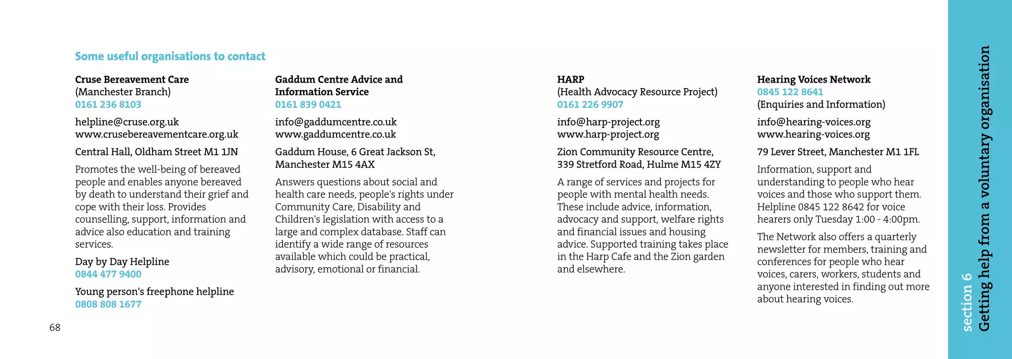 Getting help from a voluntary organisation
     Some useful organisations to contact
     Cruse Bereavement Care                   Gaddum Centre Advice and                   HARP                                     Hearing Voices Network
     (Manchester Branch)                      Information Service                        (Health Advocacy Resource Project)       0845 122 8641
     0161 236 8103                            0161 839 0421                              0161 226 9907                            (Enquiries and Information)
     helpline@cruse.org.uk                    info@gaddumcentre.co.uk                    info@harp-project.org                    info@hearing-voices.org
     www.crusebereavementcare.org.uk          www.gaddumcentre.co.uk                     www.harp-project.org                     www.hearing-voices.org
     Central Hall, Oldham Street M1 1JN       Gaddum House, 6 Great Jackson St,          Zion Community Resource Centre,          79 Lever Street, Manchester M1 1FL
     Promotes the well-being of bereaved      Manchester M15 4AX                         339 Stretford Road, Hulme M15 4ZY        Information, support and
     people and enables anyone bereaved       Answers questions about social and         A range of services and projects for     understanding to people who hear
     by death to understand their grief and   health care needs, people's rights under   people with mental health needs.         voices and those who support them.
     cope with their loss. Provides           Community Care, Disability and             These include advice, information,       Helpline 0845 122 8642 for voice
     counselling, support, information and    Children's legislation with access to a    advocacy and support, welfare rights     hearers only Tuesday 1:00 - 4:00pm.
     advice also education and training       large and complex database. Staff can      and financial issues and housing         The Network also offers a quarterly
     services.                                identify a wide range of resources         advice. Supported training takes place   newsletter for members, training and
     Day by Day Helpline                      available which could be practical,        in the Harp Cafe and the Zion garden     conferences for people who hear
     0844 477 9400                            advisory, emotional or financial.          and elsewhere.                           voices, carers, workers, students and




                                                                                                                                                                          section 6
     Young person's freephone helpline                                                                                            anyone interested in finding out more
     0808 808 1677                                                                                                                about hearing voices.

68
 