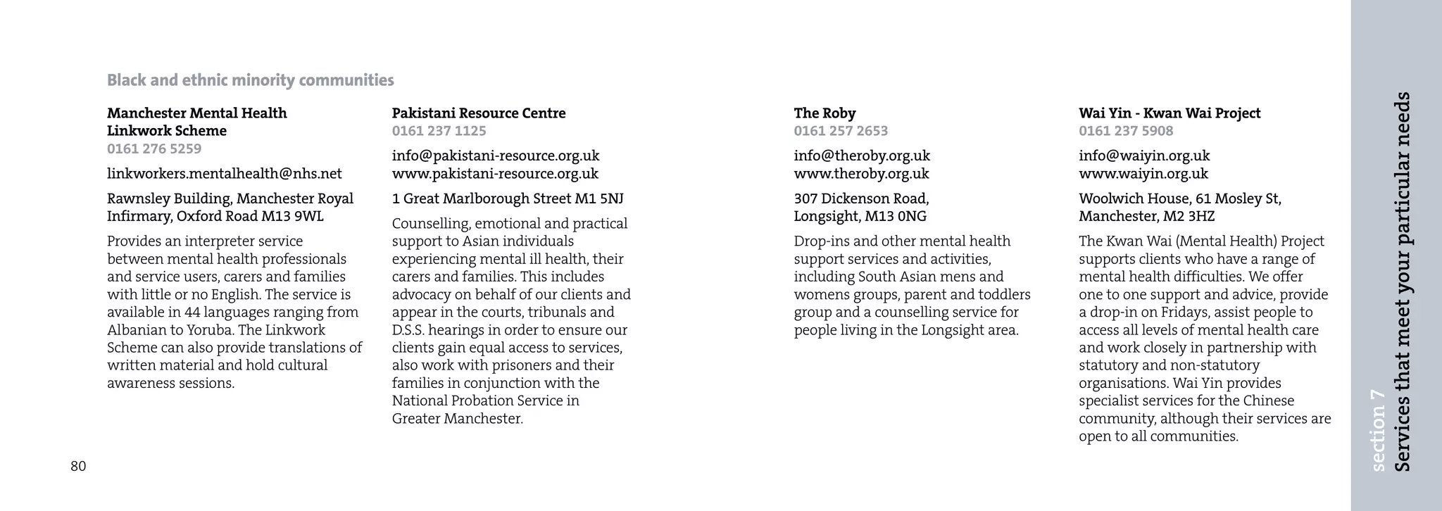 Black and ethnic minority communities




                                                                                                                                                                           Services that meet your particular needs
     Manchester Mental Health                    Pakistani Resource Centre                The Roby                               Wai Yin - Kwan Wai Project
     Linkwork Scheme                             0161 237 1125                            0161 257 2653                          0161 237 5908
     0161 276 5259                               info@pakistani-resource.org.uk           info@theroby.org.uk                    info@waiyin.org.uk
     linkworkers.mentalhealth@nhs.net            www.pakistani-resource.org.uk            www.theroby.org.uk                     www.waiyin.org.uk
     Rawnsley Building, Manchester Royal         1 Great Marlborough Street M1 5NJ        307 Dickenson Road,                    Woolwich House, 61 Mosley St,
     Infirmary, Oxford Road M13 9WL              Counselling, emotional and practical     Longsight, M13 0NG                     Manchester, M2 3HZ
     Provides an interpreter service             support to Asian individuals             Drop-ins and other mental health       The Kwan Wai (Mental Health) Project
     between mental health professionals         experiencing mental ill health, their    support services and activities,       supports clients who have a range of
     and service users, carers and families      carers and families. This includes       including South Asian mens and         mental health difficulties. We offer
     with little or no English. The service is   advocacy on behalf of our clients and    womens groups, parent and toddlers     one to one support and advice, provide
     available in 44 languages ranging from      appear in the courts, tribunals and      group and a counselling service for    a drop-in on Fridays, assist people to
     Albanian to Yoruba. The Linkwork            D.S.S. hearings in order to ensure our   people living in the Longsight area.   access all levels of mental health care
     Scheme can also provide translations of     clients gain equal access to services,                                          and work closely in partnership with
     written material and hold cultural          also work with prisoners and their                                              statutory and non-statutory
     awareness sessions.                         families in conjunction with the                                                organisations. Wai Yin provides




                                                                                                                                                                           section 7
                                                 National Probation Service in                                                   specialist services for the Chinese
                                                 Greater Manchester.                                                             community, although their services are
                                                                                                                                 open to all communities.

80
 