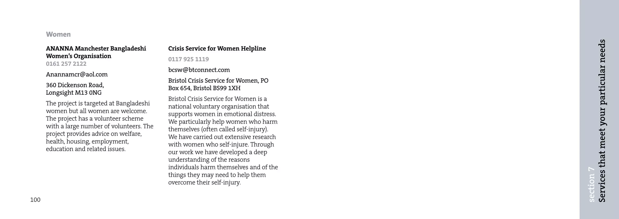 Women




                                                                                        Services that meet your particular needs
      ANANNA Manchester Bangladeshi            Crisis Service for Women Helpline
      Women’s Organisation                     0117 925 1119
      0161 257 2122
                                               bcsw@btconnect.com
      Anannamcr@aol.com
                                               Bristol Crisis Service for Women, PO
      360 Dickenson Road,                      Box 654, Bristol BS99 1XH
      Longsight M13 0NG
                                               Bristol Crisis Service for Women is a
      The project is targeted at Bangladeshi   national voluntary organisation that
      women but all women are welcome.         supports women in emotional distress.
      The project has a volunteer scheme       We particularly help women who harm
      with a large number of volunteers. The   themselves (often called self-injury).
      project provides advice on welfare,      We have carried out extensive research
      health, housing, employment,             with women who self-injure. Through
      education and related issues.            our work we have developed a deep
                                               understanding of the reasons
                                               individuals harm themselves and of the




                                                                                        section 7
                                               things they may need to help them
                                               overcome their self-injury.

100
 
