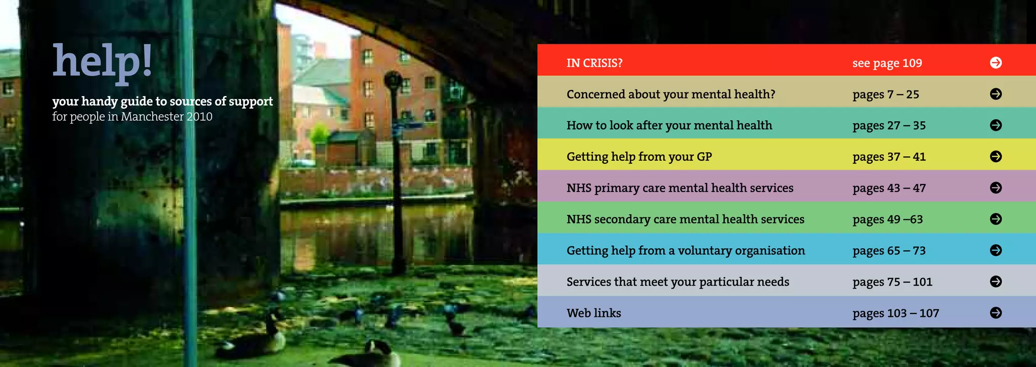 help!                                    IN CRISIS?                                   see page 109      P
                                         Concerned about your mental health?          pages 7 – 25      P
your handy guide to sources of support
for people in Manchester 2010
                                         How to look after your mental health         pages 27 – 35     P
                                         Getting help from your GP                    pages 37 – 41     P
                                         NHS primary care mental health services      pages 43 – 47     P
                                         NHS secondary care mental health services    pages 49 –63      P
                                         Getting help from a voluntary organisation   pages 65 – 73     P
                                         Services that meet your particular needs     pages 75 – 101    P
                                         Web links                                    pages 103 – 107   P
4
 