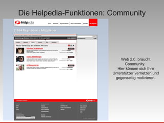 Die Helpedia-Funktionen: Community Web 2.0. braucht Community.  Hier können sich Ihre Unterstützer vernetzen und gegenseitig motivieren. 