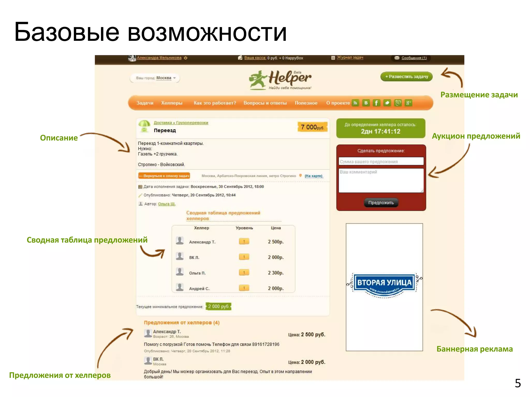 Базовые возможности

                                   Размещение задачи



       Описание                   Аукцион предложений




    Сводная таблица предложений




                                  Баннерная реклама

Предложения от хелперов
                                                      5
 