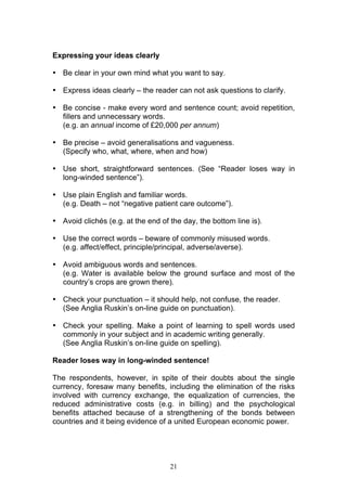 21
Expressing your ideas clearly
• Be clear in your own mind what you want to say.
• Express ideas clearly – the reader can not ask questions to clarify.
• Be concise - make every word and sentence count; avoid repetition,
fillers and unnecessary words.
(e.g. an annual income of £20,000 per annum)
• Be precise – avoid generalisations and vagueness.
(Specify who, what, where, when and how)
• Use short, straightforward sentences. (See “Reader loses way in
long-winded sentence”).
• Use plain English and familiar words.
(e.g. Death – not “negative patient care outcome”).
• Avoid clichés (e.g. at the end of the day, the bottom line is).
• Use the correct words – beware of commonly misused words.
(e.g. affect/effect, principle/principal, adverse/averse).
• Avoid ambiguous words and sentences.
(e.g. Water is available below the ground surface and most of the
country’s crops are grown there).
• Check your punctuation – it should help, not confuse, the reader.
(See Anglia Ruskin’s on-line guide on punctuation).
• Check your spelling. Make a point of learning to spell words used
commonly in your subject and in academic writing generally.
(See Anglia Ruskin’s on-line guide on spelling).
Reader loses way in long-winded sentence!
The respondents, however, in spite of their doubts about the single
currency, foresaw many benefits, including the elimination of the risks
involved with currency exchange, the equalization of currencies, the
reduced administrative costs (e.g. in billing) and the psychological
benefits attached because of a strengthening of the bonds between
countries and it being evidence of a united European economic power.
 