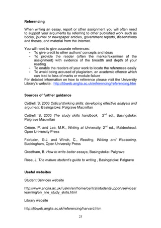 23
Referencing
When writing an essay, report or other assignment you will often need
to support your arguments by referring to other published work such as
books, journal or newspaper articles, government reports, dissertations
and theses, and material from the Internet.
You will need to give accurate references:
• To give credit to other authors' concepts and ideas
• To provide the reader (often the marker/examiner of the
assignment) with evidence of the breadth and depth of your
reading
• To enable the readers of your work to locate the references easily
• To avoid being accused of plagiarism, an academic offence which
can lead to loss of marks or module failure
For detailed information on how to reference please visit the University
Library’s website: http://libweb.anglia.ac.uk/referencing/referencing.htm
Sources of further guidance
Cottrell, S. 2003 Critical thinking skills: developing effective analysis and
argument. Basingstoke: Palgrave Macmillan
Cottrell, S. 2003 The study skills handbook, 2nd
ed., Basingstoke:
Palgrave Macmillan
Crème. P. and Lea, M.R., Writing at University, 2nd
ed., Maidenhead:
Open University Press
Fairbairn, G.J. and Winch, C., Reading, Writing and Reasoning,
Buckingham, Open University Press
Greetham, B. How to write better essays, Basingstoke: Palgrave
Rose, J. The mature student’s guide to writing , Basingstoke: Palgrave
Useful websites
Student Services website
http://www.anglia.ac.uk/ruskin/en/home/central/studentsupport/services/
learning/on_line_study_skills.html
Library website
http://libweb.anglia.ac.uk/referencing/harvard.htm
 