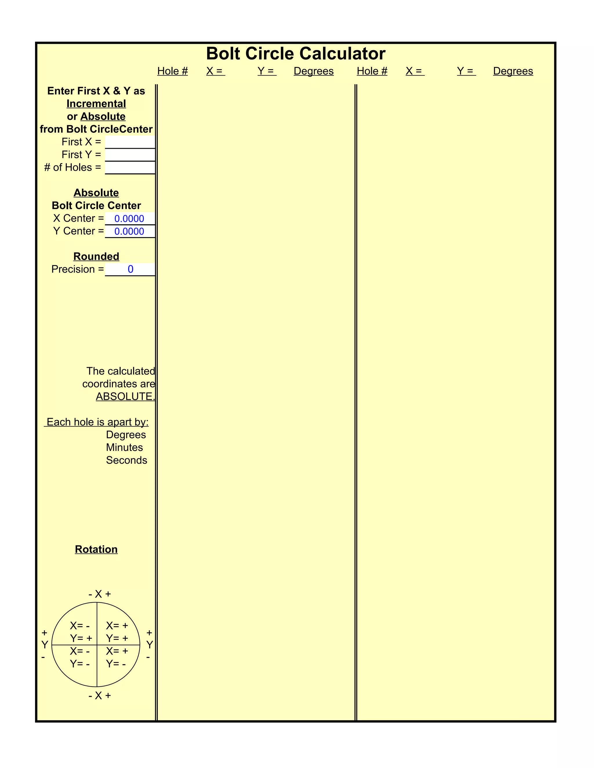 Bolt Circle Calculator
                             Hole #   X=    Y=   Degrees   Hole #   X=   Y=   Degrees
  Enter First X & Y as
      Incremental
      or Absolute
from Bolt CircleCenter
     First X =
     First Y =
 # of Holes =

        Absolute
    Bolt Circle Center
    X Center = 0.0000
    Y Center = 0.0000

        Rounded
    Precision = 0




          The calculated
         coordinates are
            ABSOLUTE.

 Each hole is apart by:
              Degrees
              Minutes
              Seconds




        Rotation



           -X+

       X= -   X= +
+                        +
       Y= +   Y= +
Y                        Y
       X= -   X= +
-                        -
       Y= -   Y= -


           -X+
 