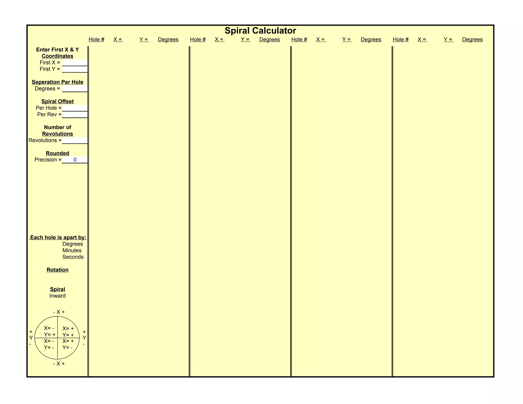 Spiral Calculator
                            Hole #   X=   Y=   Degrees   Hole #   X=      Y=   Degrees   Hole #   X=   Y=   Degrees   Hole #   X=   Y=   Degrees
    Enter First X & Y
      Coordinates
     First X =
     First Y =

 Seperation Per Hole
  Degrees =

      Spiral Offset
    Per Hole =
    Per Rev =

      Number of
     Revolutions
Revolutions =

        Rounded
    Precision = 0




Each hole is apart by:
            Degrees
            Minutes
            Seconds

        Rotation


         Spiral
         Inward


          -X+

       X= -   X= +
+                       +
       Y= +   Y= +
Y                       Y
       X= -   X= +
-                       -
       Y= -   Y= -

          -X+
 