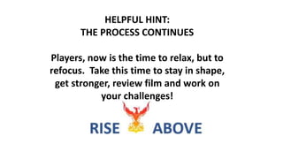 HELPFUL HINT:
THE PROCESS CONTINUES
Players, now is the time to relax, but to
refocus. Take this time to stay in shape,
get stronger, review film and work on
your challenges!
 