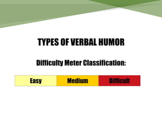 TYPES OF VERBAL HUMOR

  Difficulty Meter Classification:

Easy         Medium         Difficult
 