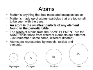 Atoms Matter is anything that has mass and occupies space Matter is made up of atoms- particles that are too small to be seen with the eyes. An atom is the smallest particle of any element found in the periodic table. The  sizes  of atoms from the SAME ELEMENT are the SAME while those from different elements are different. Just remember, same same, different different. Atoms are represented by models, circles and symbols.  H O Na Fe Hydrogen  Oxygen  Sodium  Iron 