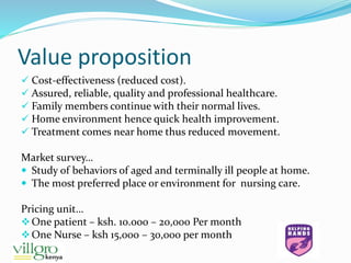 Value proposition
 Cost-effectiveness (reduced cost).
 Assured, reliable, quality and professional healthcare.
 Family members continue with their normal lives.
 Home environment hence quick health improvement.
 Treatment comes near home thus reduced movement.
Market survey…
 Study of behaviors of aged and terminally ill people at home.
 The most preferred place or environment for nursing care.
Pricing unit…
One patient – ksh. 10.000 – 20,000 Per month
One Nurse – ksh 15,000 – 30,000 per month
 