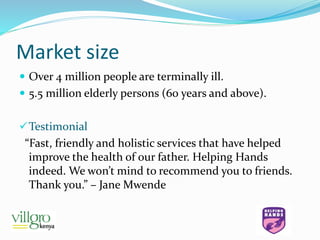 Market size
 Over 4 million people are terminally ill.
 5.5 million elderly persons (60 years and above).
Testimonial
“Fast, friendly and holistic services that have helped
improve the health of our father. Helping Hands
indeed. We won’t mind to recommend you to friends.
Thank you.” – Jane Mwende
 