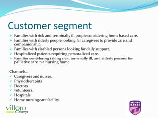 Customer segment
 Families with sick and terminally ill people considering home based care.
 Families with elderly people looking for caregivers to provide care and
companionship.
 Families with disabled persons looking for daily support.
 Hospitalized patients requiring personalized care.
 Families considering taking sick, terminally ill, and elderly persons for
palliative care in a nursing home.
Channels…
 Caregivers and nurses.
 Physiotherapists
 Doctors
 volunteers.
 Hospitals
 Home nursing care facility.
 
