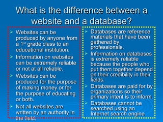 What is the difference between a website and a database? Websites can be produced by anyone from a 1 st  grade class to an educational institution. Information on websites can be extremely reliable or not at all reliable. Websites can be produced for the purpose of making money or for the purpose of educating or both. Not all websites are written by an authority in the field. Databases are reference materials that have been gathered by professionals. Information on databases is extremely reliable because the people who put them together depend on their credibility in their fields. Databases are paid for by organizations so their primary intent is to inform. Databases cannot be searched using an Internet search engine 