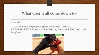 What does it all come down to?
Main idea:
… Make it harder for people to ignore the ANIMAL ABUSE,
OVERBREEDING, HOMELESS ANIMALS, ANIMAL FIGHTING… the
list goes on.
 