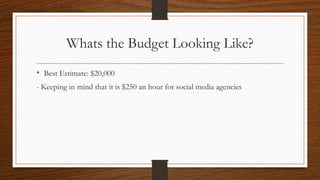 Whats the Budget Looking Like?
• Best Estimate: $20,000
- Keeping in mind that it is $250 an hour for social media agencies
 