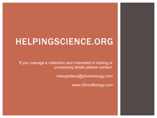 HELPINGSCIENCE.ORG

If you manage a collection and interested in testing or
                    processing labels please contact:

                     mikegiddens@silverbiology.com

                               www.SilverBiology.com
 