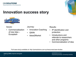 Innovation success story

Issues:

Journey:

Results:

• Commercialisation
of new idea –
Ecosplash

• Innovation Coaching

• IP identification and
protection

• QWIN
• Ideas2Market

• Introductions and
referrals to researchers
and other programs
• Commercialisation of idea

Full case study available at: http://qmisolutions.com.au/resources/case-studies
Helping SMEs improve and grow
18

qmisolutions.com.au
Empowering business. Connecting expertise.

 