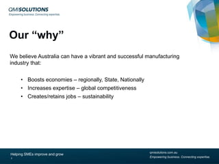 Our “why”
We believe Australia can have a vibrant and successful manufacturing
industry that:
• Boosts economies – regionally, State, Nationally
• Increases expertise – global competitiveness

• Creates/retains jobs – sustainability

Helping SMEs improve and grow
3

qmisolutions.com.au
Empowering business. Connecting expertise.

 