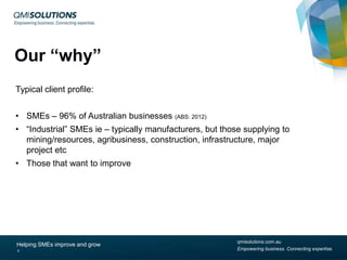 Our “why”
Typical client profile:
• SMEs – 96% of Australian businesses (ABS: 2012)
• “Industrial” SMEs ie – typically manufacturers, but those supplying to
mining/resources, agribusiness, construction, infrastructure, major
project etc
• Those that want to improve

Helping SMEs improve and grow
4

qmisolutions.com.au
Empowering business. Connecting expertise.

 