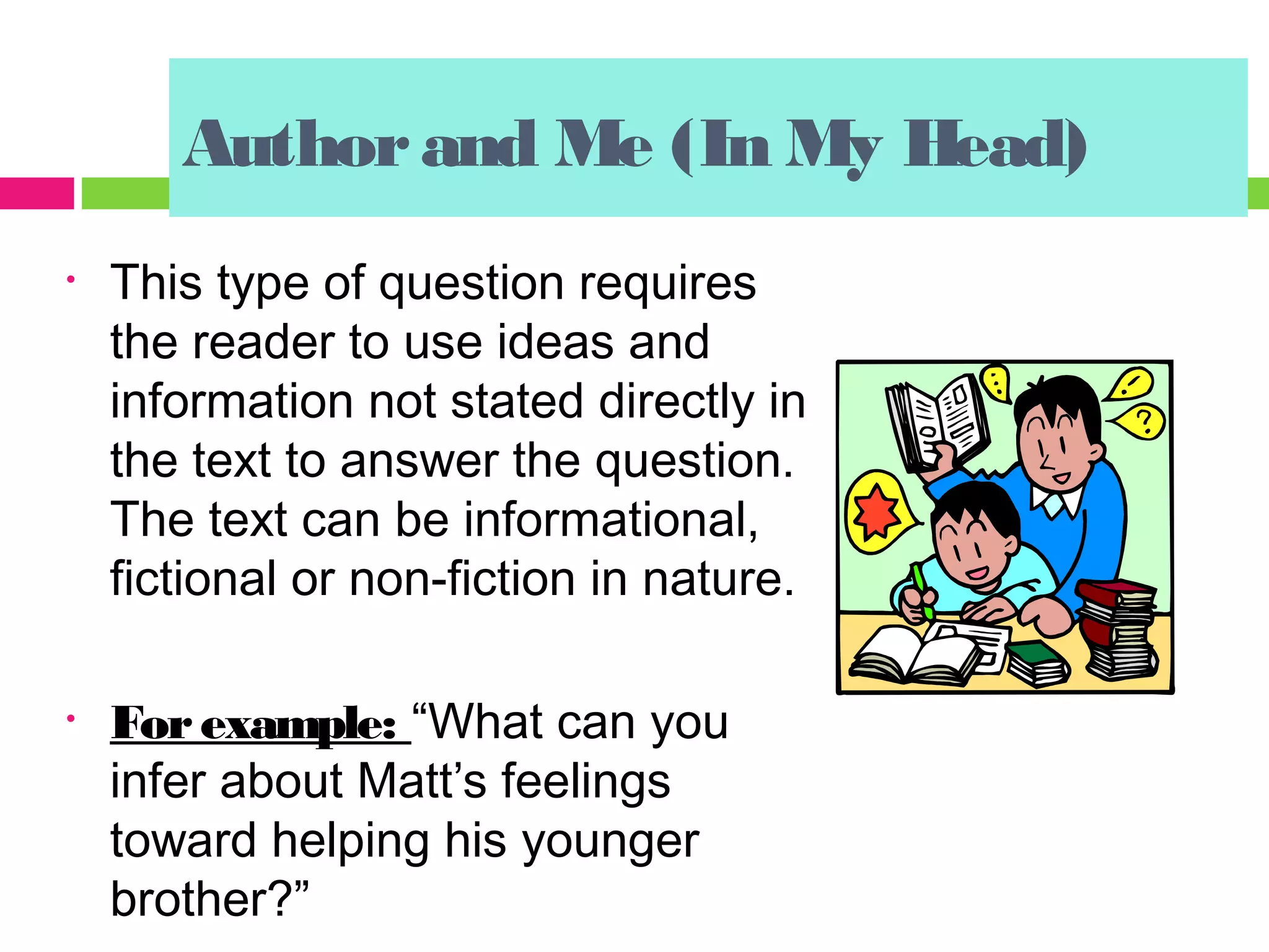 Author and Me (In My Head)
•   This type of question requires
    the reader to use ideas and
    information not stated directly in
    the text to answer the question.
    The text can be informational,
    fictional or non-fiction in nature.

•   For example: “What can you
    infer about Matt’s feelings
    toward helping his younger
    brother?”
 