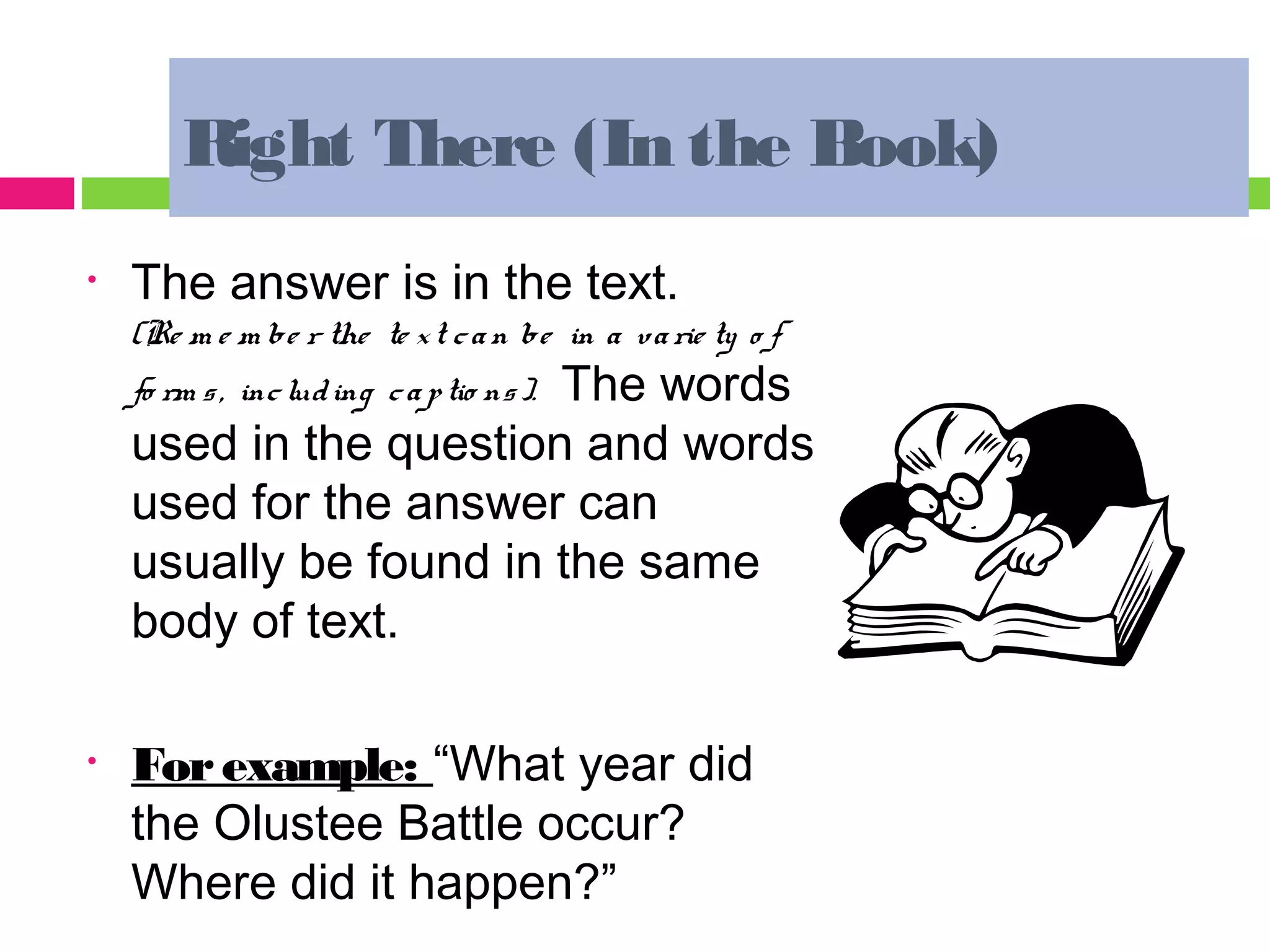 Right There (In the Book)
•   The answer is in the text.
    (Re m e m be r the te x t c a n be in a v a rie ty o f
                        The words
    fo rm s , inc lud ing c a p tio ns ).
    used in the question and words
    used for the answer can
    usually be found in the same
    body of text.

•   For example: “What year did
    the Olustee Battle occur?
    Where did it happen?”
 