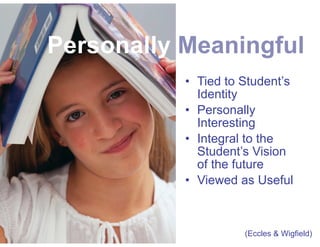 • Tied to Student’s
Identity
• Personally
Interesting
• Integral to the
Student’s Vision
of the future
• Viewed as Useful
(Eccles & Wigfield)
Personally Meaningful
 