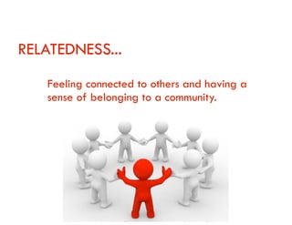 RELATEDNESS...
Feeling connected to others and having a
sense of belonging to a community.
 