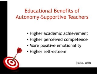 ONTARGET
Educational Benefits of
Autonomy-Supportive Teachers
(Reeve, 2002)
• Higher academic achievement
• Higher perceived competence
• More positive emotionality
• Higher self-esteem
 