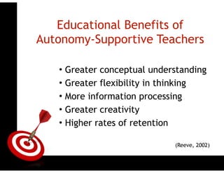 ONTARGET
Educational Benefits of
Autonomy-Supportive Teachers
(Reeve, 2002)
• Greater conceptual understanding
• Greater flexibility in thinking
• More information processing
• Greater creativity
• Higher rates of retention
 