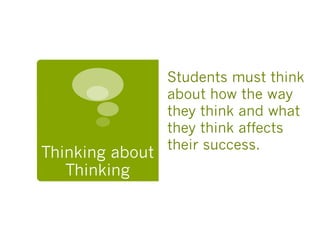 Thinking about
Thinking
Students must think
about how the way
they think and what
they think affects
their success.
 