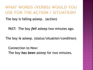 The boy is falling asleep. (action)
PAST: The boy fell asleep two minutes ago.
The boy is asleep. (status/situation/condition)
Connection to Now:
The boy has been asleep for two minutes.
 