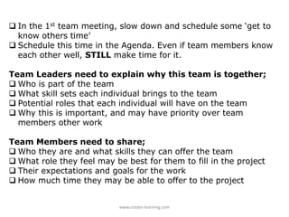  In the 1st team meeting, slow down and schedule some ‘get to 
know others time’ 
 Schedule this time in the Agenda. Eve...