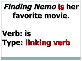 Finding Nemo is her favorite movie. Verb: is Type: linking verb
