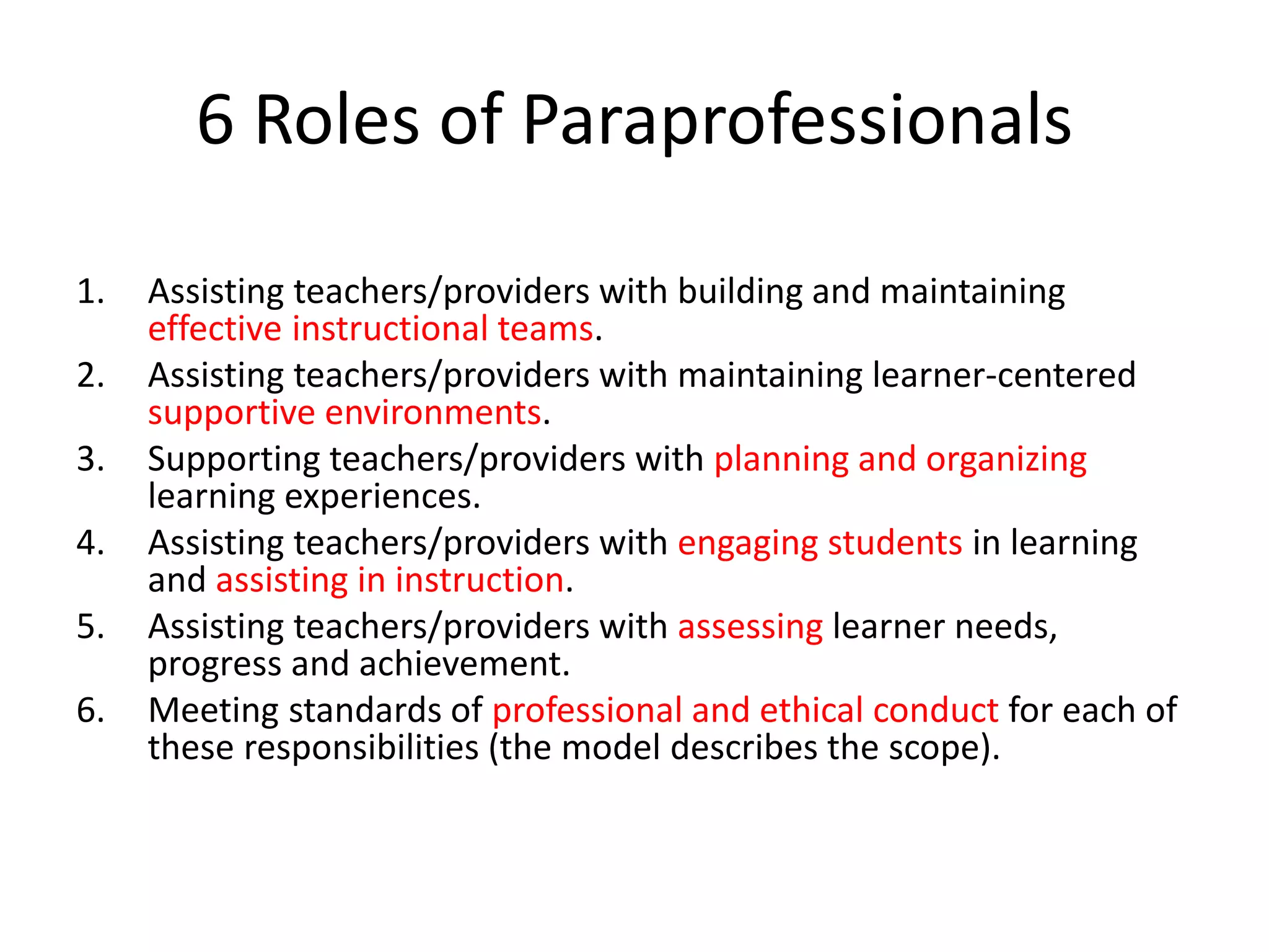 1. Assisting teachers/providers with building and maintaining
effective instructional teams.
2. Assisting teachers/providers with maintaining learner-centered
supportive environments.
3. Supporting teachers/providers with planning and organizing
learning experiences.
4. Assisting teachers/providers with engaging students in learning
and assisting in instruction.
5. Assisting teachers/providers with assessing learner needs,
progress and achievement.
6. Meeting standards of professional and ethical conduct for each of
these responsibilities (the model describes the scope).
6 Roles of Paraprofessionals
 