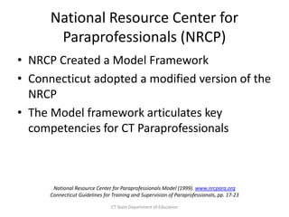 National Resource Center for
Paraprofessionals (NRCP)
• NRCP Created a Model Framework
• Connecticut adopted a modified version of the
NRCP
• The Model framework articulates key
competencies for CT Paraprofessionals
National Resource Center for Paraprofessionals Model (1999). www.nrcpara.org
Connecticut Guidelines for Training and Supervision of Paraprofessionals, pp. 17-23
CT State Department of Education
 