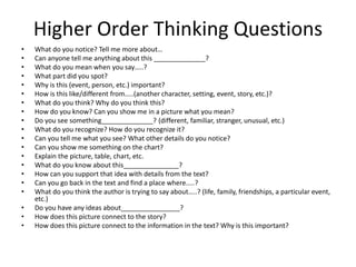 Higher Order Thinking Questions
• What do you notice? Tell me more about…
• Can anyone tell me anything about this ______________?
• What do you mean when you say…..?
• What part did you spot?
• Why is this (event, person, etc.) important?
• How is this like/different from…..(another character, setting, event, story, etc.)?
• What do you think? Why do you think this?
• How do you know? Can you show me in a picture what you mean?
• Do you see something______________? (different, familiar, stranger, unusual, etc.)
• What do you recognize? How do you recognize it?
• Can you tell me what you see? What other details do you notice?
• Can you show me something on the chart?
• Explain the picture, table, chart, etc.
• What do you know about this_______________?
• How can you support that idea with details from the text?
• Can you go back in the text and find a place where…..?
• What do you think the author is trying to say about…..? (life, family, friendships, a particular event,
etc.)
• Do you have any ideas about________________?
• How does this picture connect to the story?
• How does this picture connect to the information in the text? Why is this important?
 