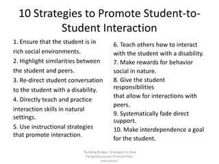 10 Strategies to Promote Student-to-
Student Interaction
1. Ensure that the student is in
rich social environments.
2. Highlight similarities between
the student and peers.
3. Re-direct student conversation
to the student with a disability.
4. Directly teach and practice
interaction skills in natural
settings.
5. Use instructional strategies
that promote interaction.
6. Teach others how to interact
with the student with a disability.
7. Make rewards for behavior
social in nature.
8. Give the student
responsibilities
that allow for interactions with
peers.
9. Systematically fade direct
support.
10. Make interdependence a goal
for the student.
“Building Bridges: Strategies to Help
Paraprofessionals Promote Peer
Interaction”
 