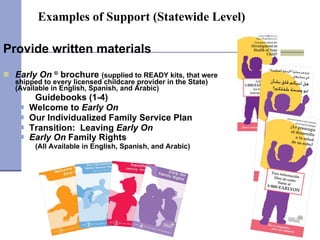 Examples of Support (Statewide Level)   <ul><li>Provide written materials </li></ul><ul><li>Early On   ®   brochure  (supp...