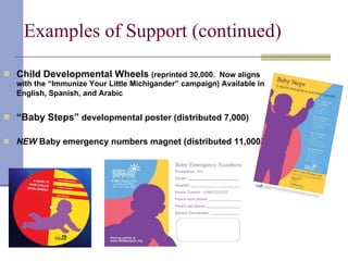 Examples of Support (continued)  <ul><li>Child Developmental Wheels   (reprinted 30,000.  Now aligns with the “Immunize Yo...