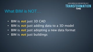 AVEVA WORLD UK USER MEETING 2017
What BIM is NOT…
• BIM is not just 3D CAD
• BIM is not just adding data to a 3D model
• BIM is not just adopting a new data format
• BIM is not just buildings
 