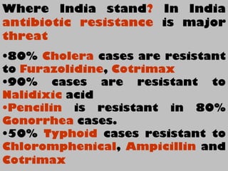 Where India stand? In India
antibiotic resistance is major
threat
•80% Cholera cases are resistant
to Furazolidine, Cotrimax
•90% cases are resistant to
Nalidixic acid
•Pencilin is resistant in 80%
Gonorrhea cases.
•50% Typhoid cases resistant to
Chloromphenical, Ampicillin and
Cotrimax
 